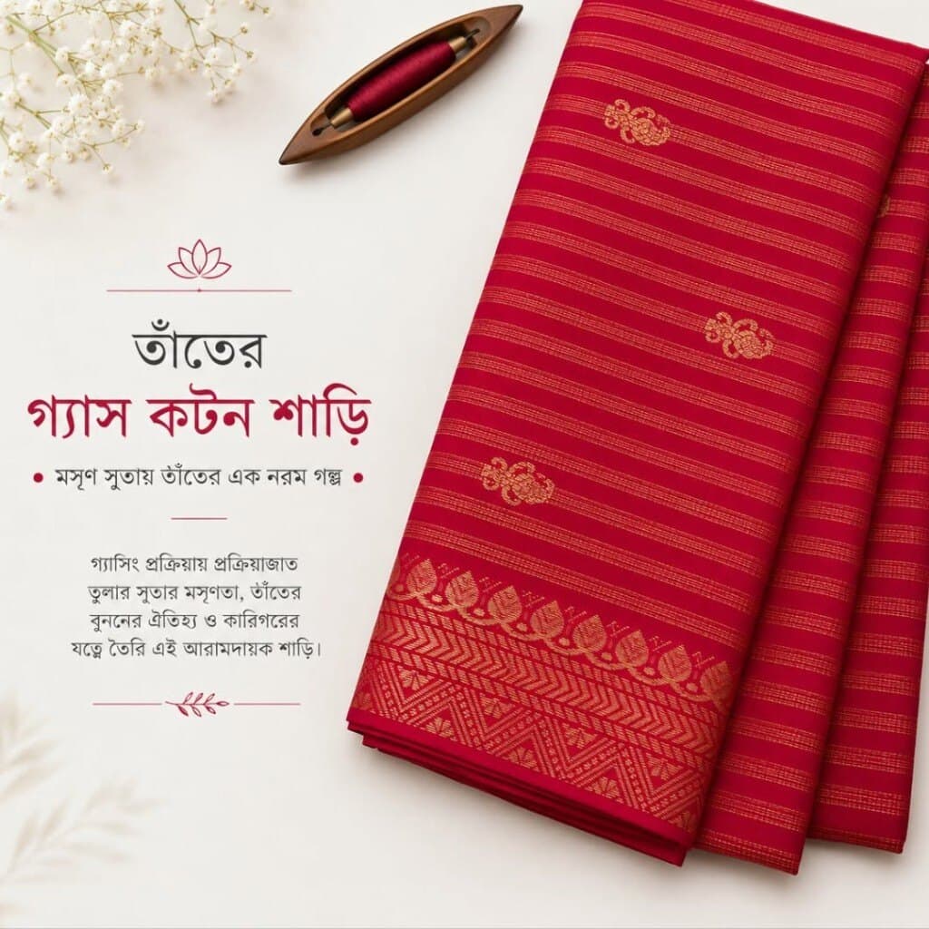 প্রিমিয়াম তাঁতের গ্যাস কটন শাড়ি — মসৃণ সুতায় তাঁতের এক নরম গল্প!